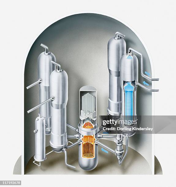 stockillustraties, clipart, cartoons en iconen met illustration of nuclear fission reactor showing the water pressuriser, control rod mechanism, core, coolant pump, steam generator - nuclear energy