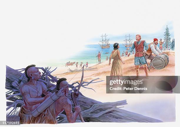 illustration of pocahontas talking with captain john smith - john smith explorer stock illustrations