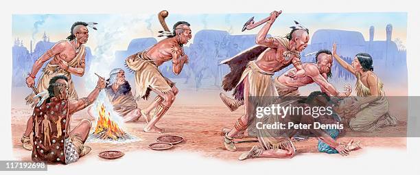 illustration of american indians attacking captain john smith while pocahontas tries to stop them - pocahontas native american woman stock illustrations