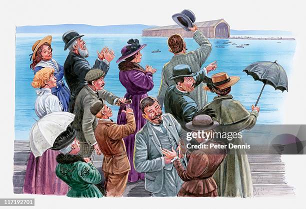 illustration of crowd of people standing at edge of lake constance clapping and cheering at launch of zeppelin airship, 1900 - vintage crowd cheering stock illustrations