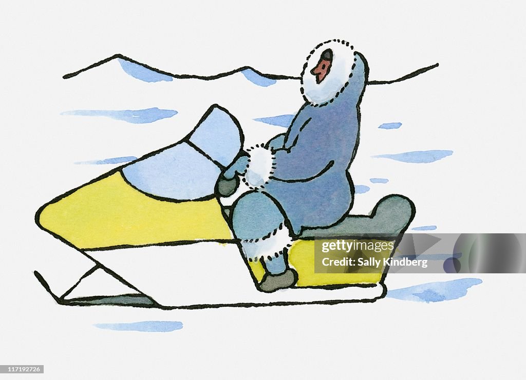 Illustration of Inuit man on snow mobile