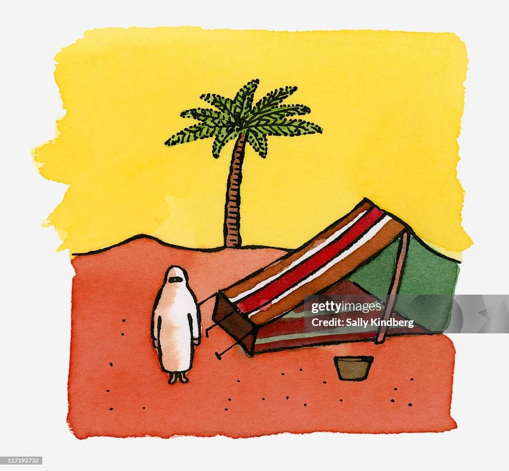 Illustration of Bedouin woman standing in desert next to tent with palm tree in background