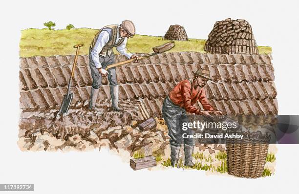ilustrações de stock, clip art, desenhos animados e ícones de illustration of men gathering peat in ireland - lamaçal