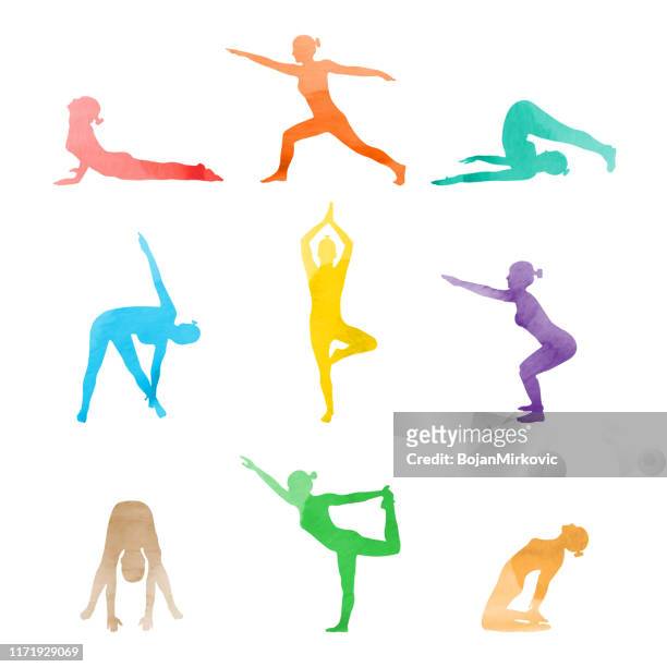 bildbanksillustrationer, clip art samt tecknat material och ikoner med uppsättning av akvarell kvinna i olika yogaställningarna stretching. vektor - aerobics