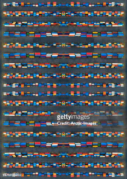 aerial view of shipping containers. - iceland harbour stock-fotos und bilder