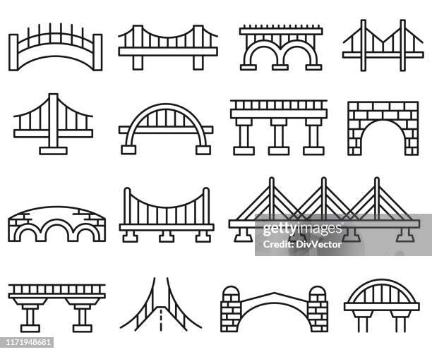 ilustraciones, imágenes clip art, dibujos animados e iconos de stock de conjunto de iconos vectoriales de puente - paso elevado