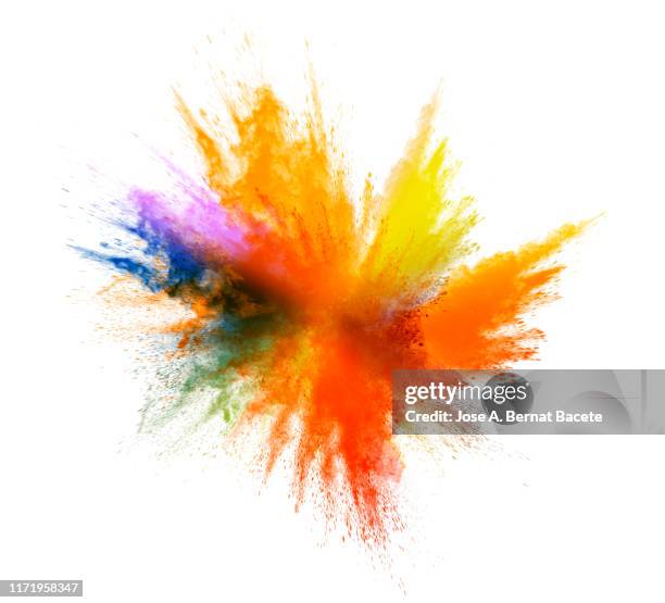 explosion by an impact of a cloud of particles of powder and smoke multicolored on a white background. - bomb explosion fotografías e imágenes de stock