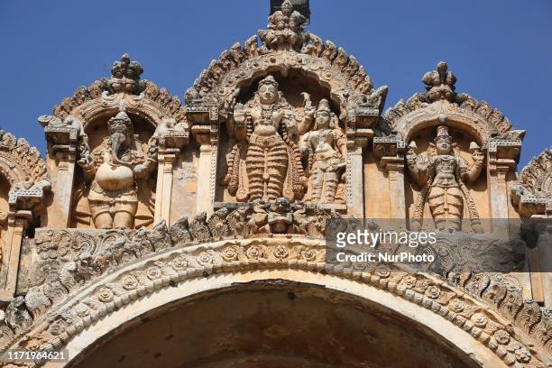 Figures of Hindu deities adorn the Brihadeeswarar Temple is a Hindu temple dedicated to Lord Shiva located in Thanjavur, Tamil Nadu, India. The...