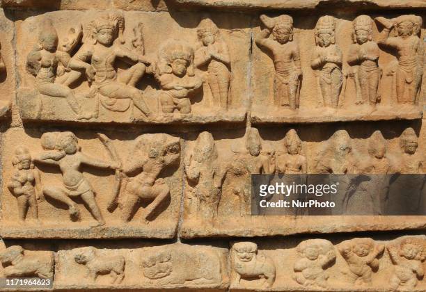 Figures of Hindu deities adorn the Brihadeeswarar Temple is a Hindu temple dedicated to Lord Shiva located in Thanjavur, Tamil Nadu, India. The...