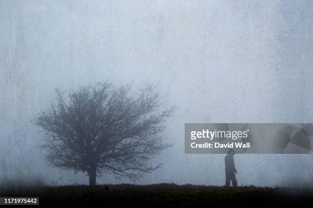 a spooky ghostly, silhouetted figure with glowing eyes next to a tree in winter. with a textured, weathered vintage edit. - weathered filter stock pictures, royalty-free photos & images