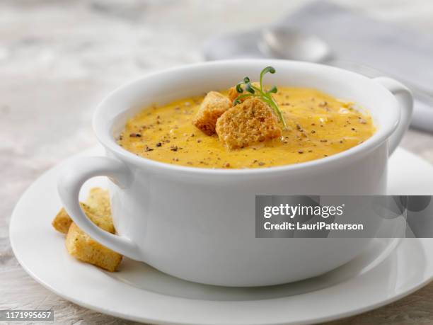 zuppa cremosa di zucca al burro - scodella per zuppa foto e immagini stock