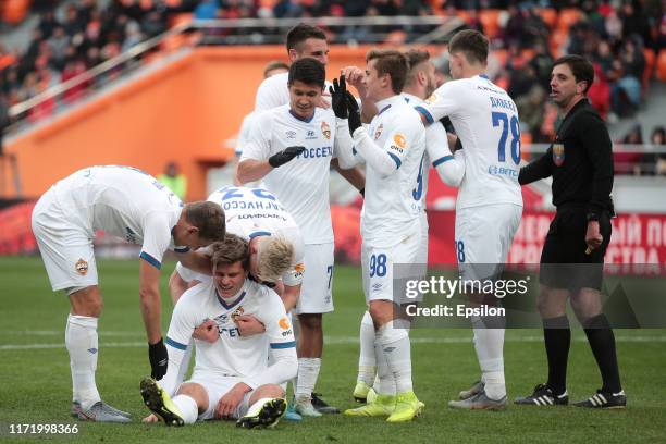 Players of PFC CSKA Moscow celebrate a goal during the Russian Premier League match between FC Ural Yekaterinburg and PFC CSKA Moscow at on September...