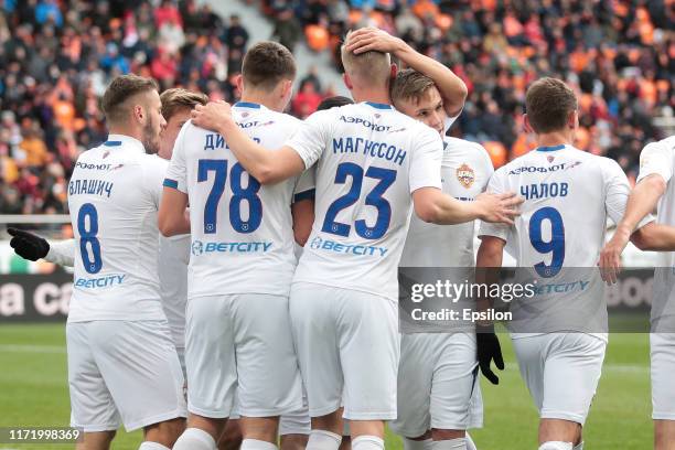 Players of PFC CSKA Moscow celebrate a goal during the Russian Premier League match between FC Ural Yekaterinburg and PFC CSKA Moscow at on September...