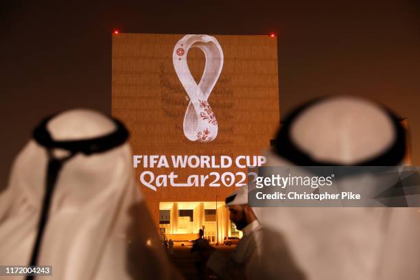 The Official Emblem of the FIFA World Cup Qatar 2022™️ is unveiled in Doha's Souq Waqif on the Msheireb - Qatar National Archive Museum building on...