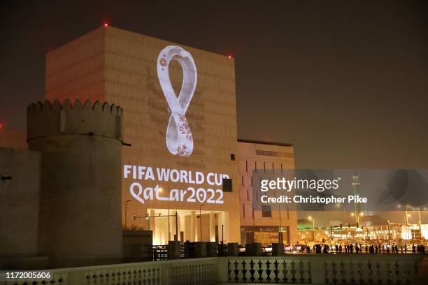 The Official Emblem of the FIFA World Cup Qatar 2022™️ is unveiled in Doha's Souq Waqif on the Msheireb - Qatar National Archive Museum building on...