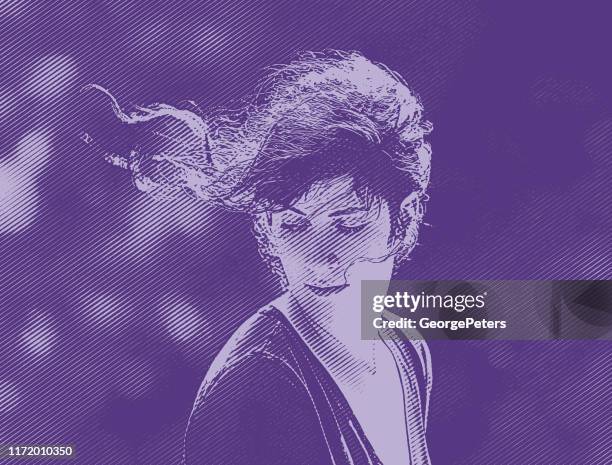 serene young woman with hair blowing in the wind - mode stock illustrations