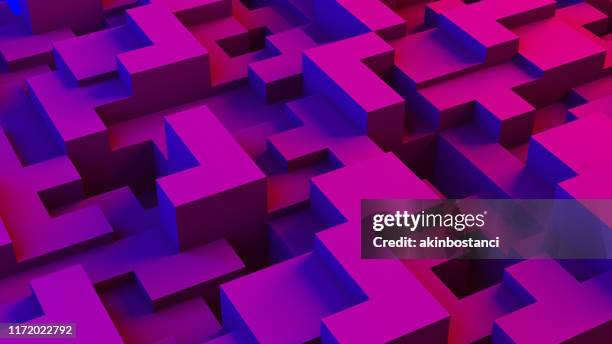 abstract 3d geometric shapes cube blocks background with neon lights - pink color block stock pictures, royalty-free photos & images