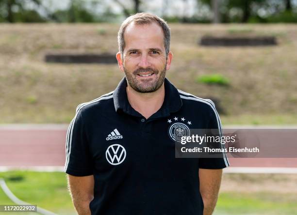 Head coach Manuel Baum of Germany poses for a photograph during the Under 20 Germany Team Presentation at Sportanlage Felsen on September 03, 2019 in...