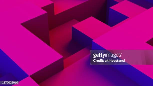 forme geometriche 3d astratte cubo blocca lo sfondo con luci al neon - viola colore foto e immagini stock