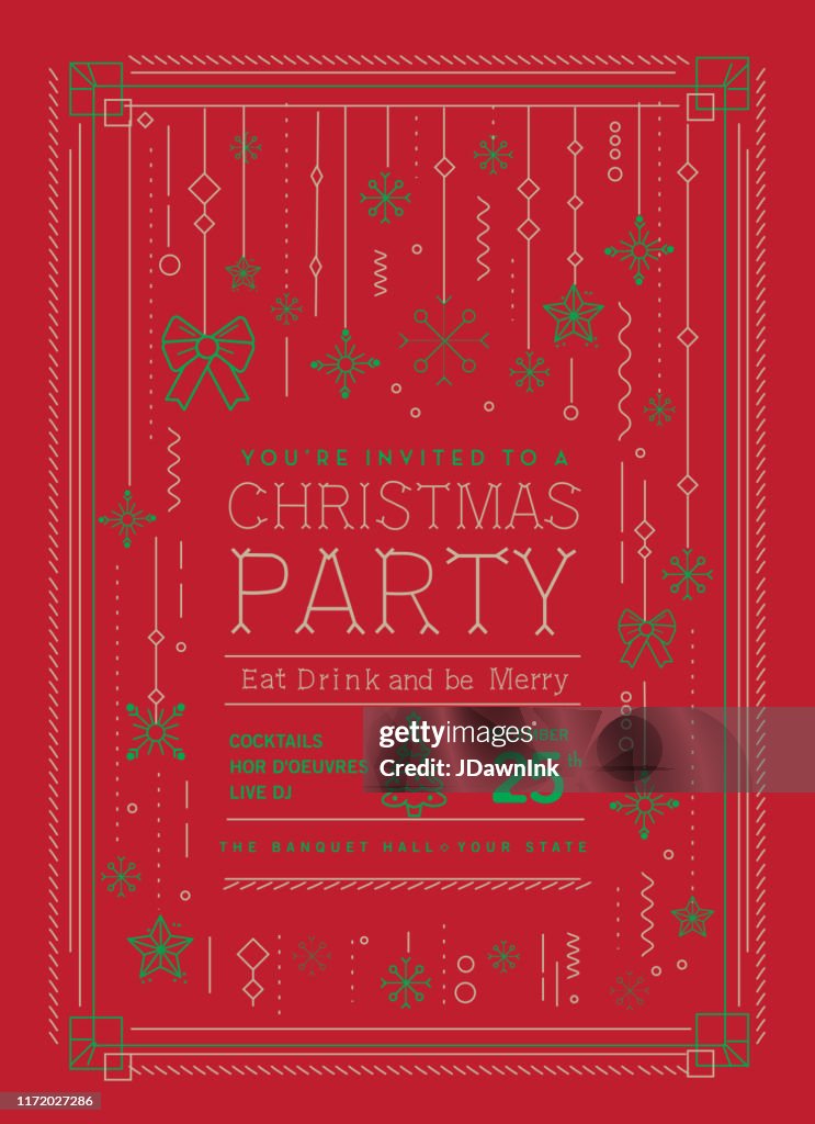 Art deco Holiday Christmas Party Invitation Design Template with line art icons stock illustration