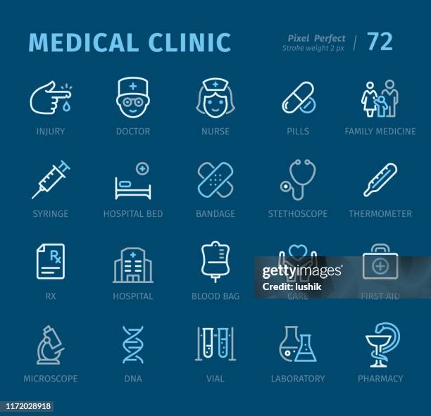 medizinische klinik - gliederungssymbole mit beschriftungen - verschrieben stock-grafiken, -clipart, -cartoons und -symbole