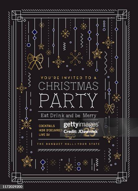 stockillustraties, clipart, cartoons en iconen met art deco holiday christmas party uitnodiging ontwerpsjabloon met lijn kunst icons stock illustratie - art deco