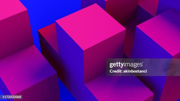 abstract 3d geometric shapes cube blocks background with neon lights - pink color block stock pictures, royalty-free photos & images