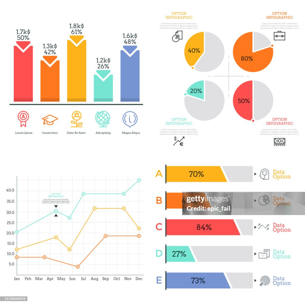 Collection Of Flat Colorful Diagram Bar And Line Graph Pie Chart ...