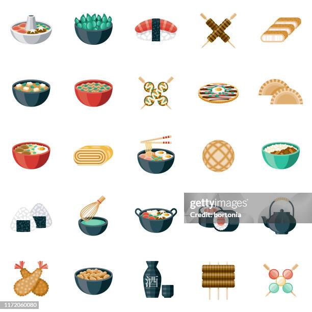 ilustraciones, imágenes clip art, dibujos animados e iconos de stock de conjunto de icono de comida japonesa - hot pot dish