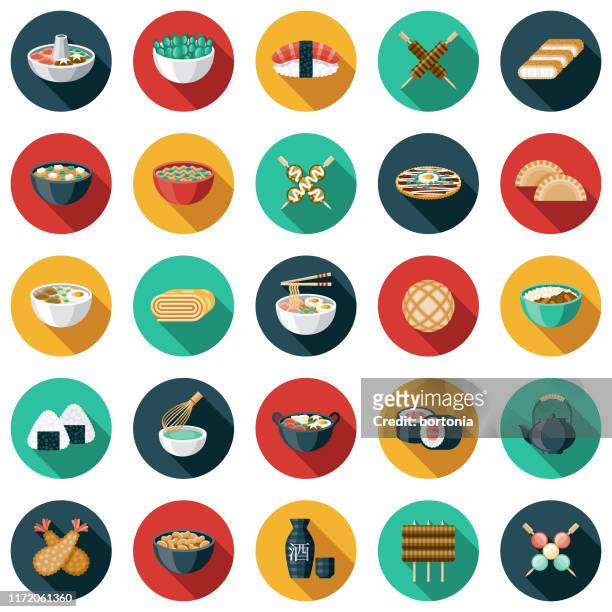 ilustraciones, imágenes clip art, dibujos animados e iconos de stock de conjunto de icono de comida japonesa - comida asiática