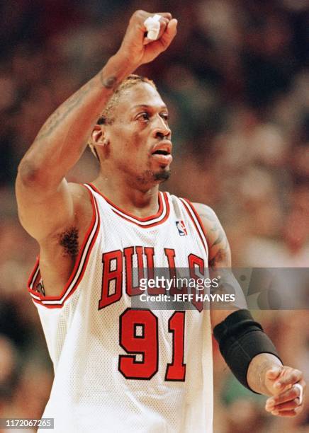Dennis Rodman of the Chicago Bulls celebrates after a Steve Kerr three-point basket against the Indiana Pacers 31 May during the first half of game...