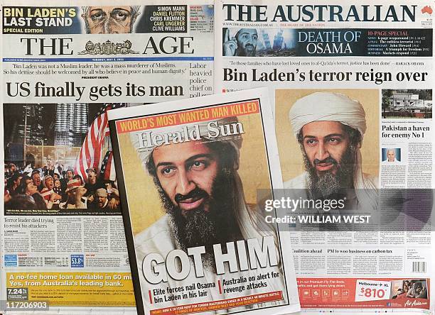 Photo shows front page coverge in Melbourne on May 3 of the death of Osama bin Laden in a firefight with US troops in Pakistan. As Australians...