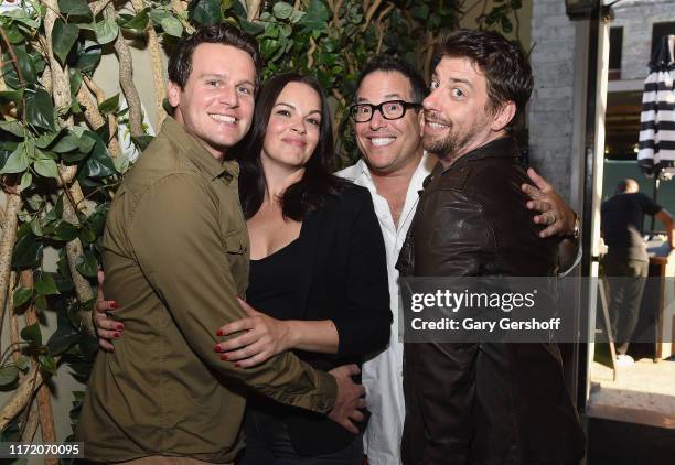 Jonathan Groff, Tammy Blanchard, director Michael Mayer and Christian Borle attend the "Little Shop of Horrors" cast photo call at Common Ground on...