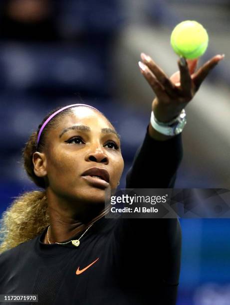 Serena Williams of the United States serves during her Women's Singles quarterfinal match against Qiang Wang of China on day nine of the 2019 US Open...