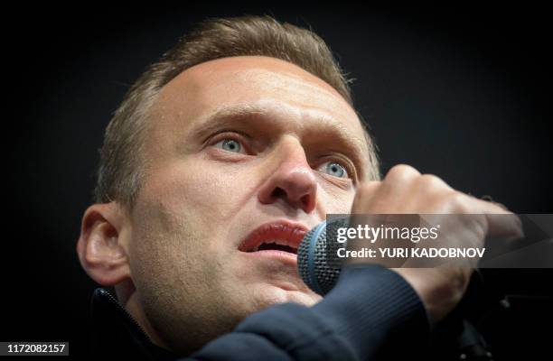 Russian opposition leader Alexei Navalny delivers a speech during a demonstration in Moscow on September 29, 2019. Thousands gathered in Moscow for a...