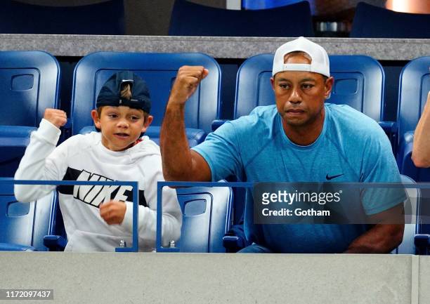 Charlie Axel Woods and Tiger Woods are seen at The 2019 US Open Tennis Championships on September 03, 2019 in New York City.