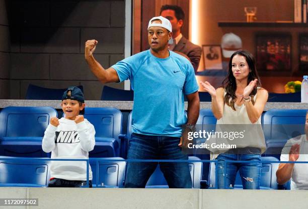 Charlie Axel Woods, Tiger Woods and Erica Herman are seen at The 2019 US Open Tennis Championships on September 03, 2019 in New York City.