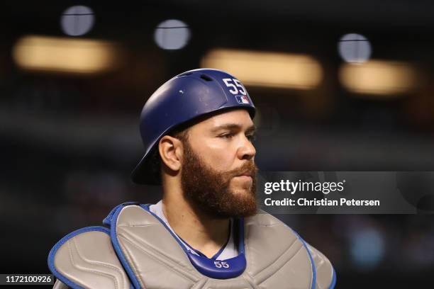 Catcher Russell Martin of the Los Angeles Dodgers during the MLB game against the Arizona Diamondbacks at Chase Field on September 01, 2019 in...