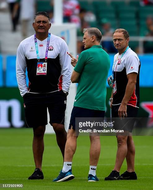 Shizuoka , Japan - 28 September 2019; Japan head coach Jamie Joseph and attack coach Tony Brown with Ireland head coach Joe Schmidt prior to the 2019...