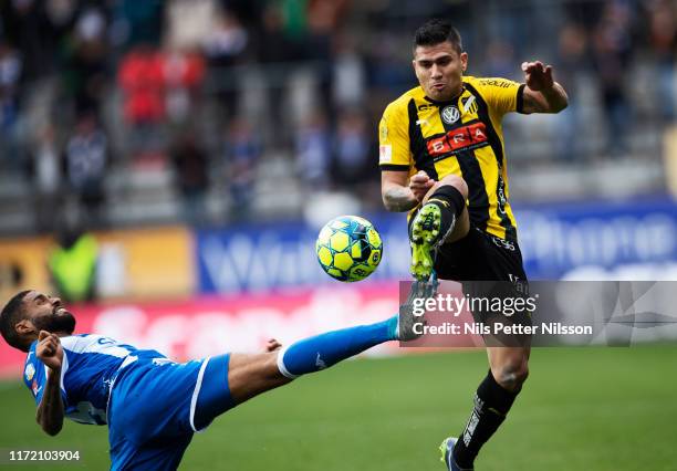 Kristopher da Graca of IFK Goteborg and Paulinho of BK Hacken during the Allsvenskan match between IFK Goteborg and BK Hacken at Gamla Ullevi on...