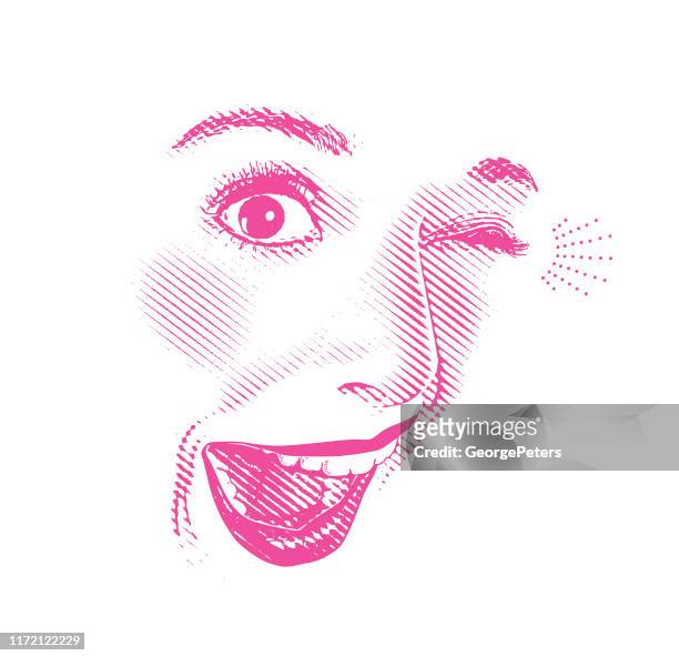 high key engraving of woman's eyes and lips, with happy, surprised expression - winking eye stock illustrations