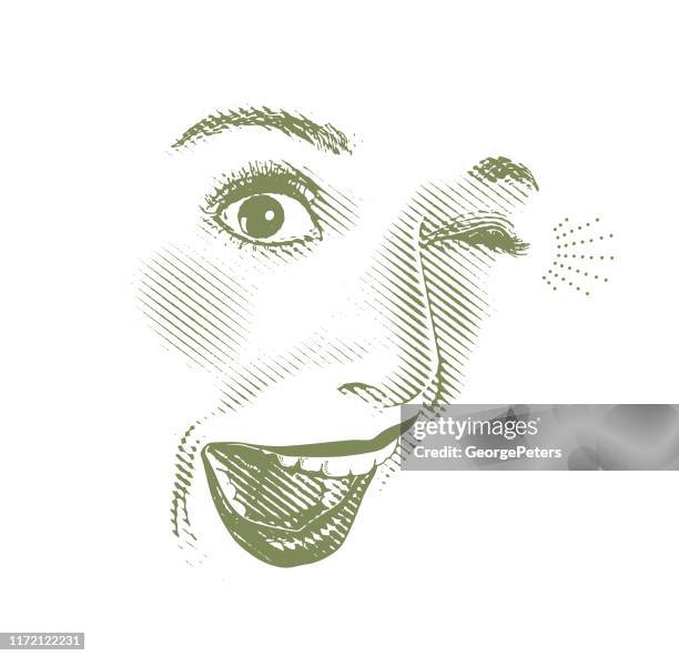 high key engraving of woman's eyes and lips, with happy, surprised expression - winking stock illustrations