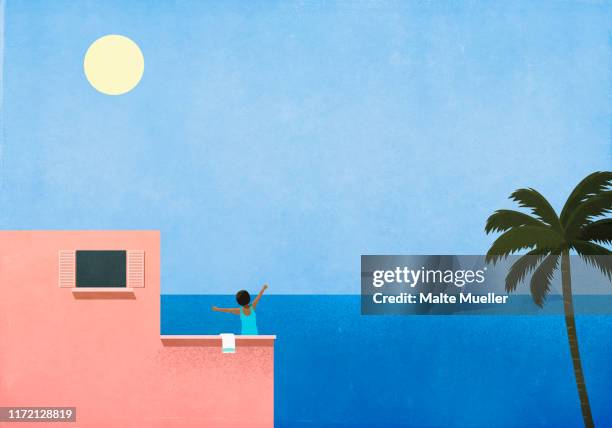 ilustrações de stock, clip art, desenhos animados e ícones de carefree woman stretching on sunny oceanside villa - non urban scene