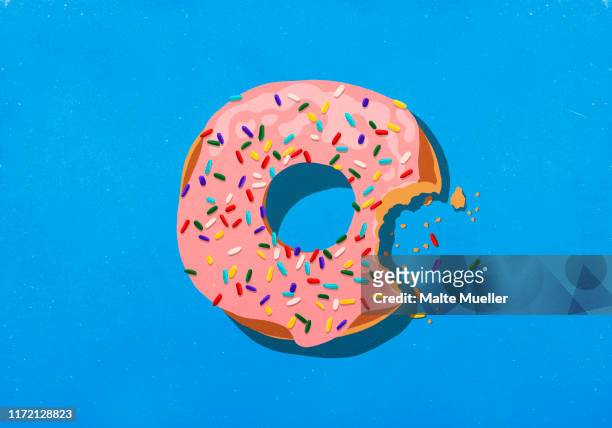ilustrações, clipart, desenhos animados e ícones de missing bite from donut with sprinkles - dessert topping