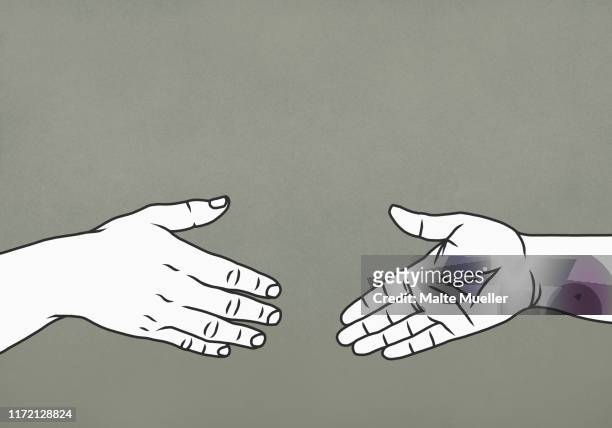 hands reaching for handshake - hand shaking hands stock illustrations
