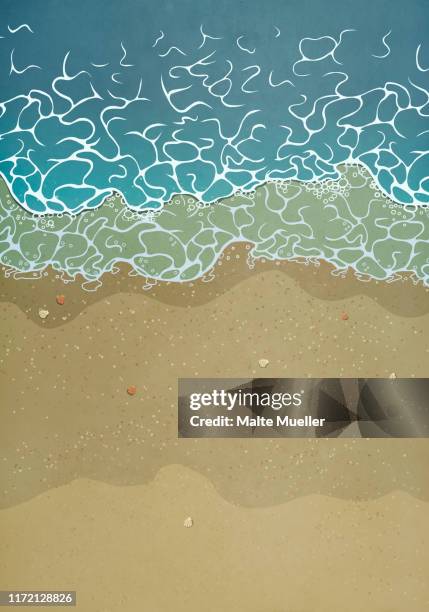 seashells on ocean beach - beach from above stock illustrations