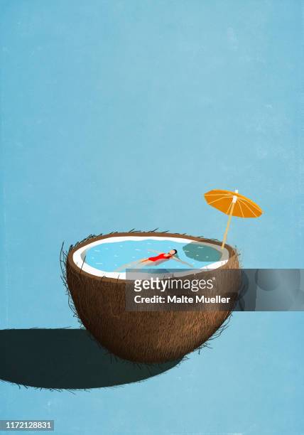 ilustraciones, imágenes clip art, dibujos animados e iconos de stock de woman swimming in tropical coconut pool - evasión
