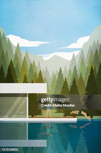 couple stretching and swimming outside modern lake house - couple swimming lake stock illustrations