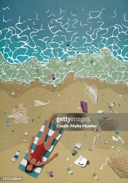 ilustrações, clipart, desenhos animados e ícones de litter surrounding woman sunbathing on ocean beach - ignorância