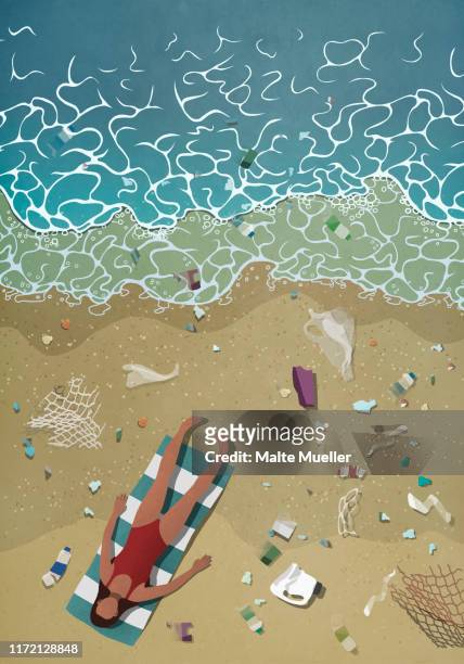 litter surrounding woman sunbathing on ocean beach - pet bottle stock illustrations